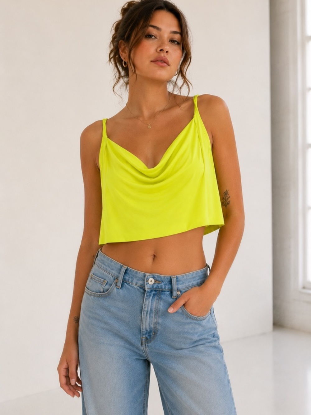 Urban Outfitters - Cowl Neck Cropped Tank Top - Neon